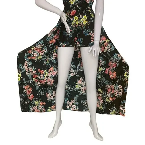 Halter V Neck Floral Party Split Maxi Romper Dress Size S - Picture 4 of 10